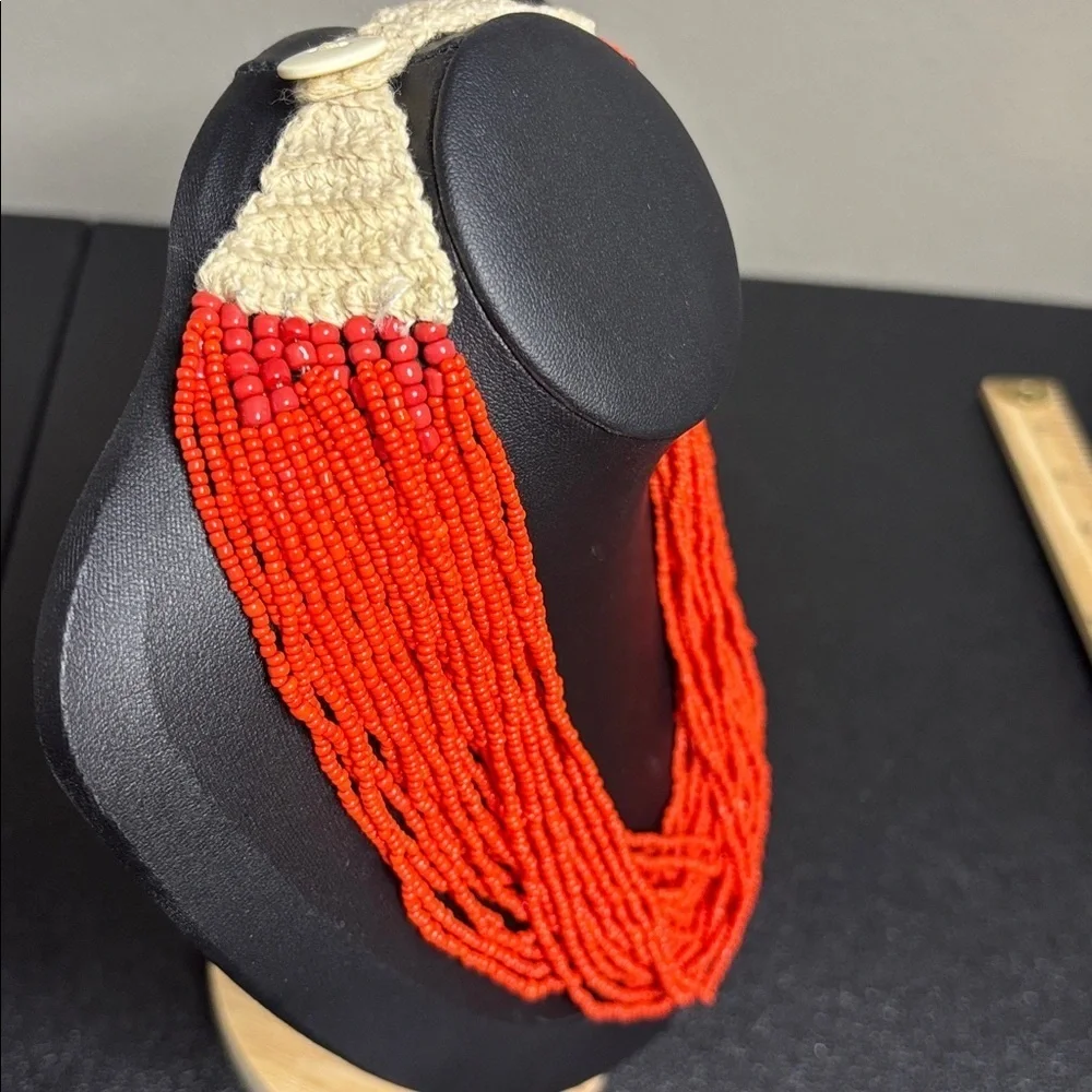 Handcrafted Crochet Coral Seed Bead Red Orange Beaded Necklace Boho